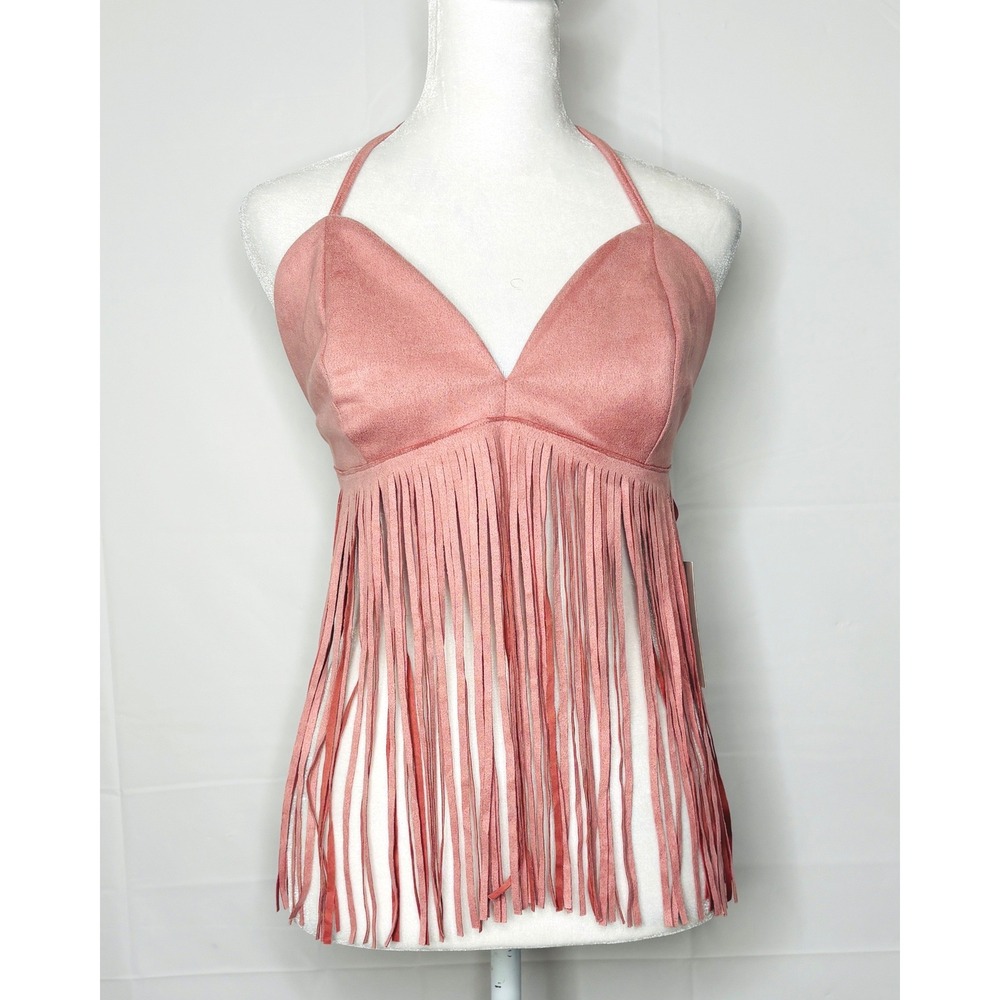 NWT Verdusa Faux Suede Fringe Halter Top Boho Festival Large Pink Womens Rodeo
